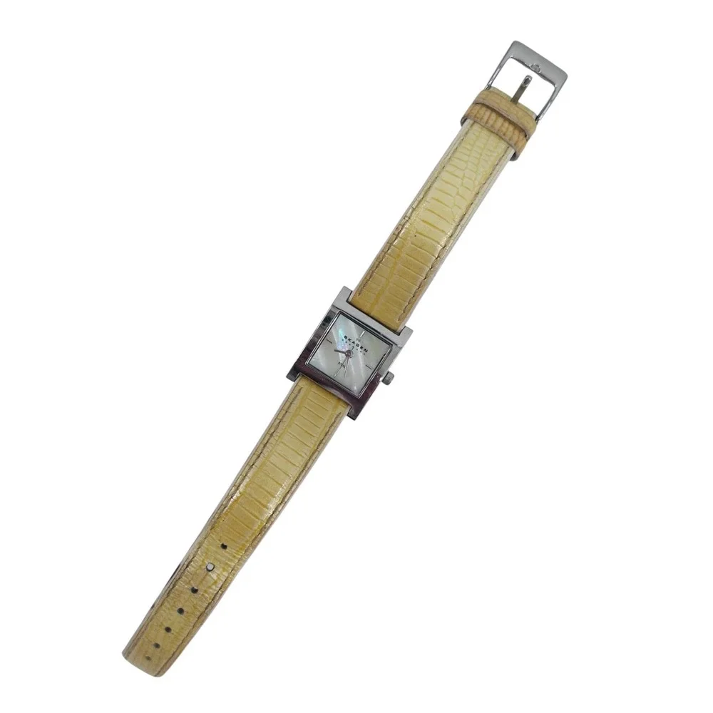 Skagen Denmark Tank Watch Womens Silver Mother of Pearl Yellow Croc Leather